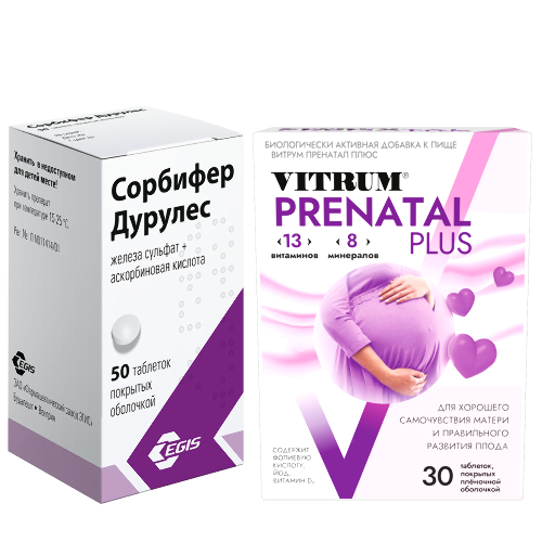 Набор СОРБИФЕР ДУРУЛЕС 0,32+0,06 N50 ТАБЛ ПРОЛОНГ ВЫСВОБ П/ПЛЕН/ОБОЛОЧ + Витрум пренатал плюс витамины для беременных 30 шт. таб