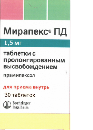 Купить Мирапекс пд 1,5 мг 30 шт. таблетки с пролонгированным высвобождением цена