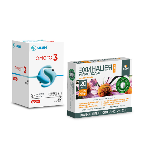 НАБОР ОМЕГА-3 ВИАВИТ N30 КАПС + ЭХИНАЦЕЯ ФОРТЕ И ПРОПОЛИС SILUM N20 ТАБЛ Д/РАСС ПО 1100МГ комплект со скидкой