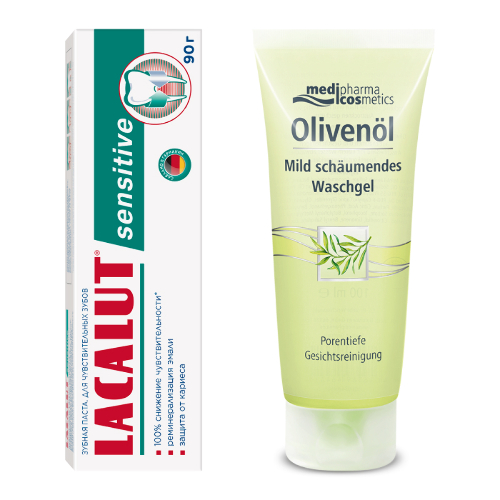Набор LACALUT ЗУБНАЯ ПАСТА SENSITIVE 90,0 + MEDIPHARMA COSMETICS OLIVENOL ГЕЛЬ ПЕНЯЩИЙСЯ ДЛЯ УМЫВАНИЯ 100МЛ