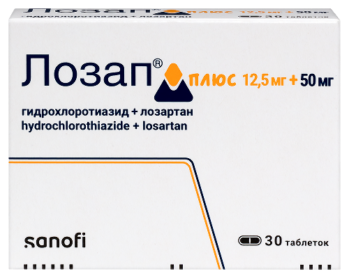 Купить Лозап плюс 12,5 мг + 50 мг 30 шт. таблетки, покрытые пленочной оболочкой цена