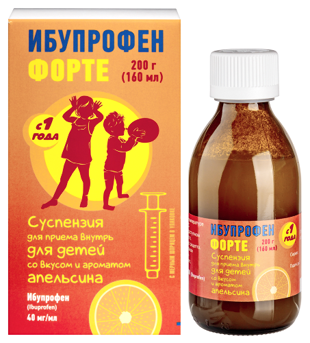 Ибупрофен форте 40 мг/мл флакон суспензия для приема внутрь для детей вкус апельсин 200 гр комплектность мерный шприц