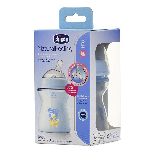 Chicco natural feeling бутылочка полипропиленовая+соска силиконовая с флексорами 2+ 250 мл голубая