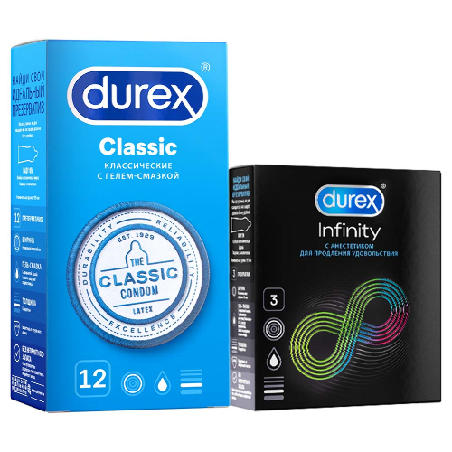 Купить Durex презервативы classic 12 шт. + с анестетиком infinity 3 шт. цена