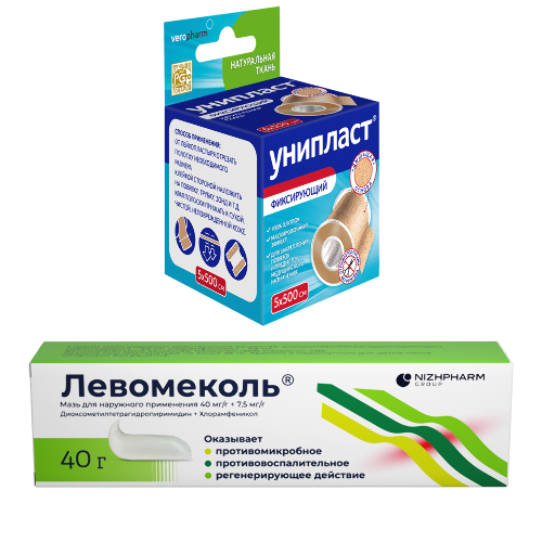 Набор для ран Унипласт фикс. 5х500 см/натуральный и Левомеколь 40 гр