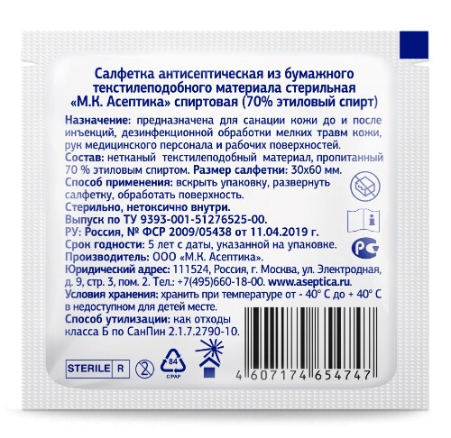 САЛФЕТКА АНТИСЕПТИЧЕСКАЯ СПИРТОВАЯ