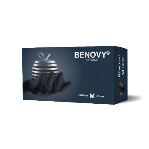 Перчатки смотровые benovy нитриловые нестерильные неопудренные текстурированные на пальцах хлорированные m 50 пар/черный