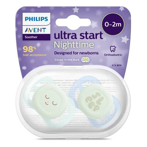 Avent соска-пустышка силиконовая ultra start night 0-2 мес 2 шт. scf075/08