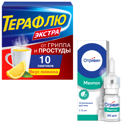 Набор Терафлю Экстра N10 пак пор/лимон + Отривин 140мкг/доза 10мл спрей назал доз с ментолом/эвкалиптом со скидкой