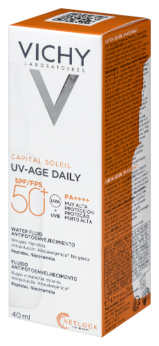 Vichy Capital Soleil UV-Age Daily Невесомый солнцезащитный крем-флюид для лица с пептидами и ниацинамидом против признаков фотостарения, SPF 50+, 40 мл