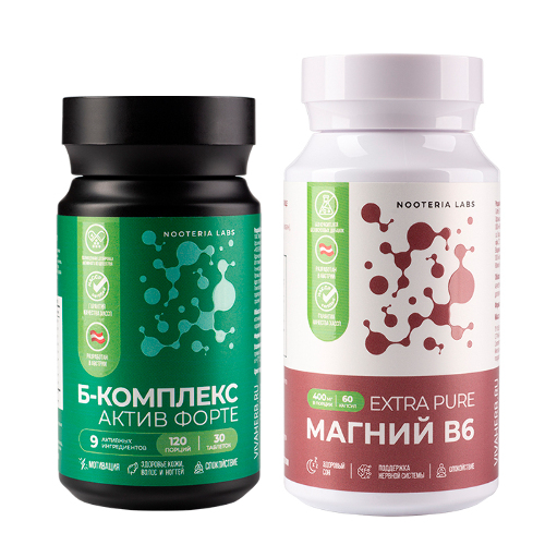 Набор из 1 уп. NOOTERIA LABS Б-КОМПЛЕКС АКТИВ ФОРТЕ N30 ТАБЛ ПО 549МГ+1 уп. NOOTERIA LABS МАГНИЙ В6 EXTRA PURE N60 КАПС ПО 730МГ
