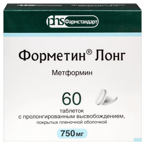 Форметин лонг 750 мг 60 шт. таблетки с пролонгированным высвобождением, покрытые пленочной оболочкой
