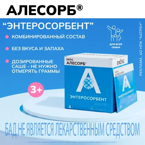 Erzig алесорб энтеросорбент 20 шт. порошок пакет-саше массой 2 гр г