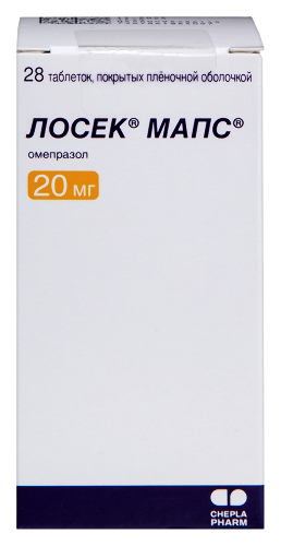 Купить Лосек мапс 20 мг 28 шт. таблетки, покрытые пленочной оболочкой цена