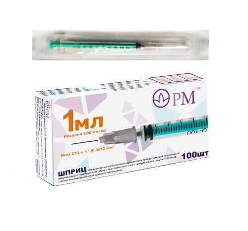 Шприц инсулиновый 1 мл 100 ин/ЕД c иглой 27g (0,4х12 мм) 100 шт./коробка/премьер-мед/