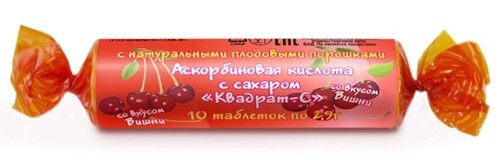 Аскорбиновая кислота с сахаром квадрат-с со вкусом вишни 10 шт. таблетки массой 2,9 г/крутка/