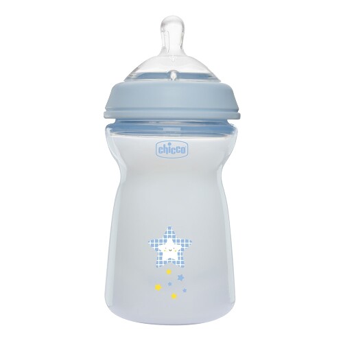 Chicco natural feeling бутылочка полипропиленовая+соска силиконовая с флексорами 6+ 330 мл голубая