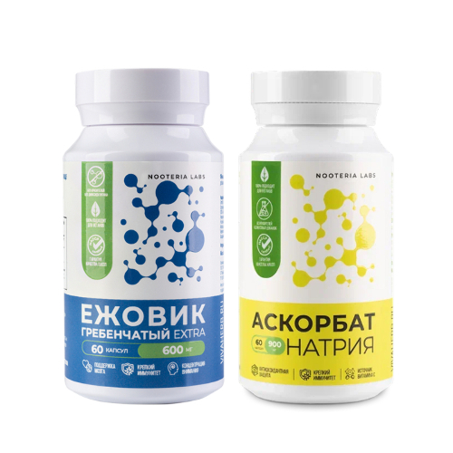 Набор NOOTERIA LABS: АСКОРБАТ НАТРИЯ 900МГ N60 капс + ЕЖОВИК ГРЕБЕНЧАТЫЙ EXTRA N60 капс, со скидкой