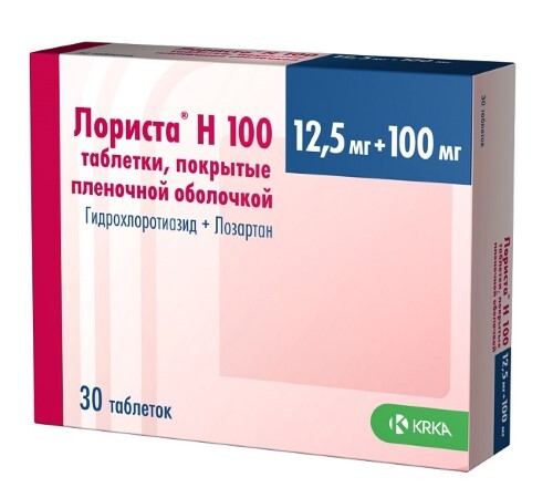 Купить Лориста н 100 12,5 мг + 100 мг 30 шт. таблетки, покрытые пленочной оболочкой цена