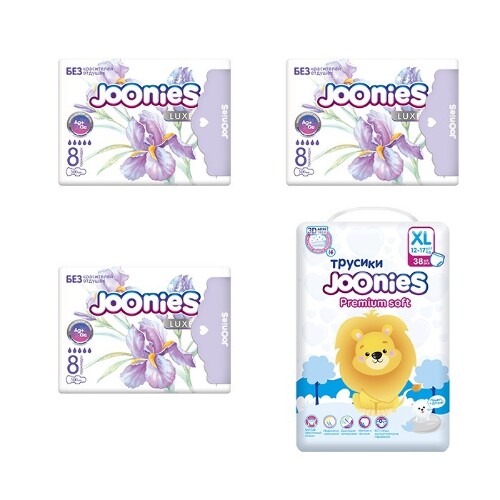 Набор JOONIES: подгузники для детей PREMIUM SOFT XL/12-17КГ N38 + 3 уп. женских ночных прокладок