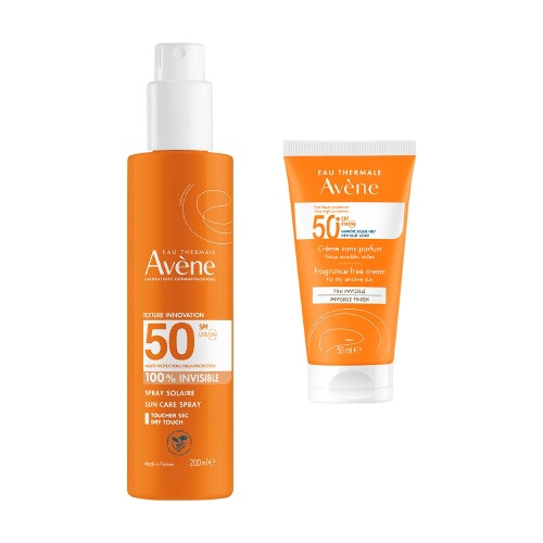 Набор AVENE СПРЕЙ СОЛНЦЕЗАЩИТНЫЙ НЕВИДИМЫЙ Д/ЧУВСТВИТЕЛЬНОЙ КОЖИ SPF50 200МЛ + AVENE КРЕМ СОЛНЦЕЗАЩИТНЫЙ SPF 50+ БЕЗ ОТДУШЕК 50М