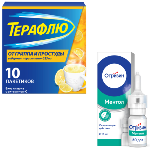 Набор ТЕРАФЛЮ ОТ ГРИППА И ПРОСТУДЫ N10 ПАК ПОР/ЛИМОН + ОТРИВИН 140МКГ/ДОЗА 10МЛ СПРЕЙ НАЗАЛ ДОЗ С МЕНТОЛОМ/ЭВКАЛИПТОМ со скидкой