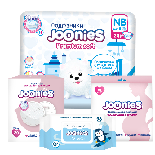 Набор JOONIES подгузники для детей NB 24 шт.+ вкладыши для кормящих мам 30 шт. + трусы послеродовые XL + салфетки