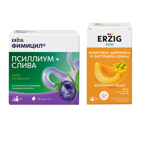 Набор Erzig Комплекс абрикоса и экстракта сенны №40 + Фимицил псиллиум слива 12 саше