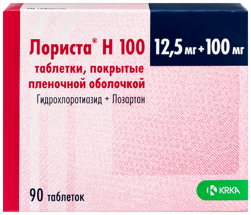 Купить Лориста н 100 12,5 мг + 100 мг 90 шт. таблетки, покрытые пленочной оболочкой цена