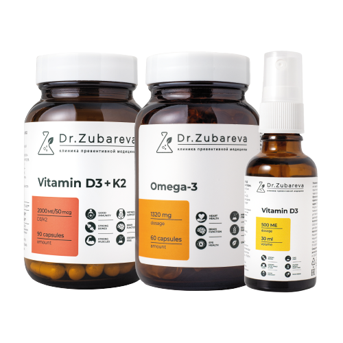 НАБОР DR ZUBAREVA ПО СПЕЦ ЦЕНЕ VITAMIN D3K2 2000 МЕ 90 ШТ.+ВИТАМИН Д 3 500 МЕ 30 МЛ+ОМЕГА-3 60 КАПС.