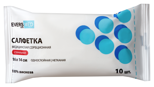 Салфетки медицинские сорбционные стерильные нетканые однослойные 16 смx14 см 10 шт./ evers med