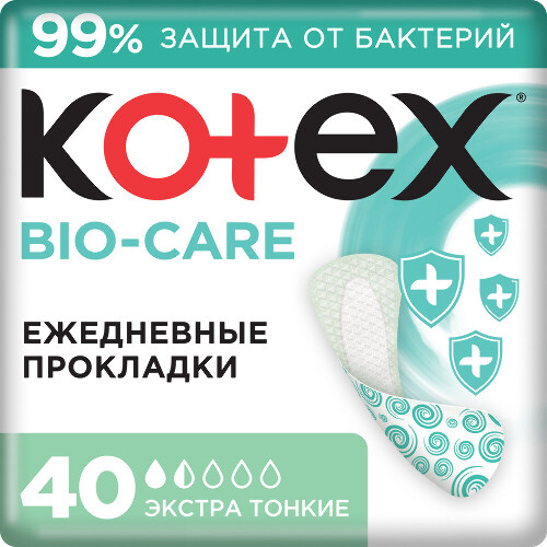 Kotex прокладки ежедневные с антибактериальным слоем внутри экстра тонкие bio-care 40 шт.