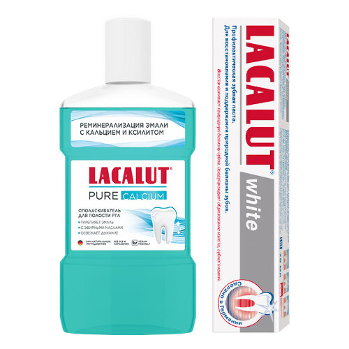 Набор LACALUT: ЗУБНАЯ ПАСТА WHITE 75МЛ + PURE CALCIUM ОПОЛАСКИВАТЕЛЬ ДЛЯ ПОЛОСТИ РТА 475МЛ закажи со скидкой