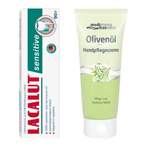 Набор LACALUT ЗУБНАЯ ПАСТА SENSITIVE 90,0 + MEDIPHARMA COSMETICS OLIVENOL КРЕМ ДЛЯ РУК 100МЛ