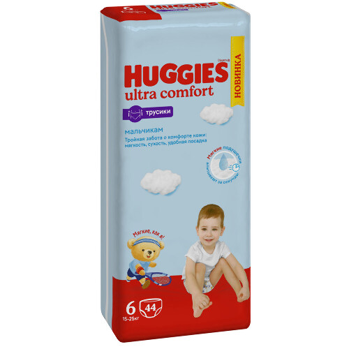 Купить Подгузники трусики Huggies для мальчиков 15-25кг 6 размер 44шт по цене 1953 руб в Москве Подгузники трусики Huggies для мальчиков 15-25кг 6 размер 44шт