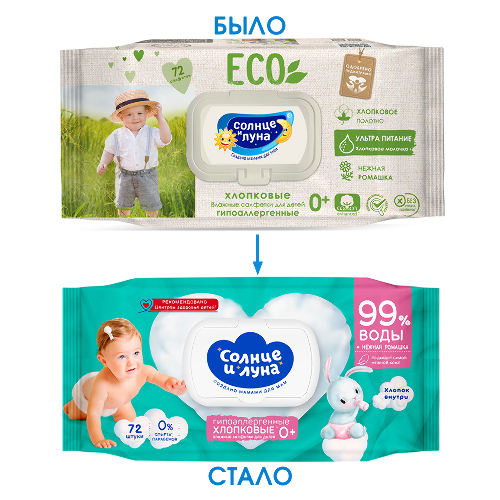 Купить Солнце и луна eco салфетки влажные для детей хлопковые с хлопковым молочком и нежной ромашкой 0+ 72 шт. цена