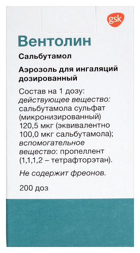 Вентолин 100 мкг/доза 200 доз аэрозоль для ингаляций дозированный