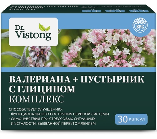 Dr vistong комплекс валериана+пустырник с глицином 30 шт. капсулы массой 0,45 г