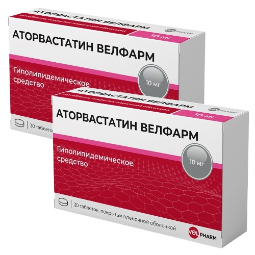 Купить Аторвастатин Велфарм 10 мг 30 шт. блистер таблетки, покрытые пленочной оболочкой по цене 166 руб в Москве Аторвастатин Велфарм 10 мг 30 шт. блистер таблетки, покрытые пленочной оболочкой