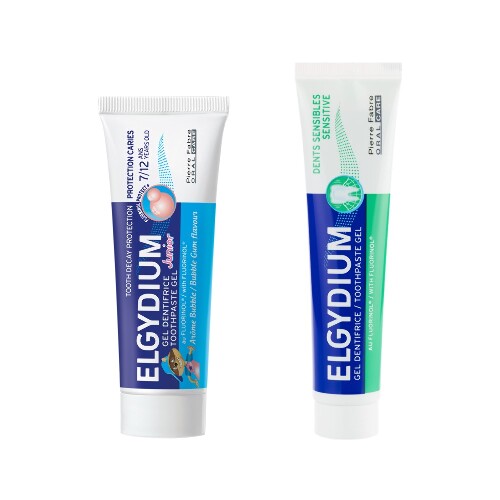 Набор ЭЛЬГИДИУМ: ЗУБНАЯ ПАСТА-ГЕЛЬ СЕНСИТИВ 75МЛ + ЭЛЬГИДИУМ ЗУБНАЯ ПАСТА-ГЕЛЬ Д/ДЕТЕЙ 7 ЛЕТ ЖВАЧКА 50МЛ