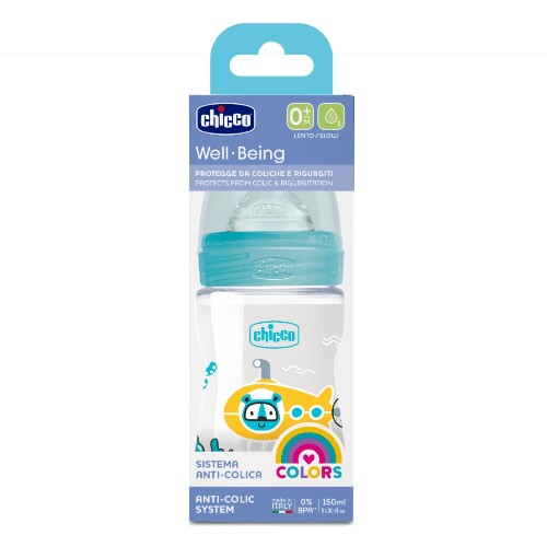 CHICCO WELL-BEING БУТЫЛОЧКА ДЛЯ КОРМЛЕНИЯ СОСКА СИЛИКОНОВАЯ 0+ 150МЛ/ГОЛУБОЙ