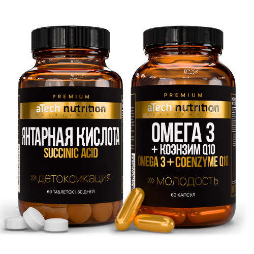 Набор Atech nutrition premium омега 3+q10 №60 капс + Atech nutrition premium янтарная кислота №60 табл со скидкой 20%