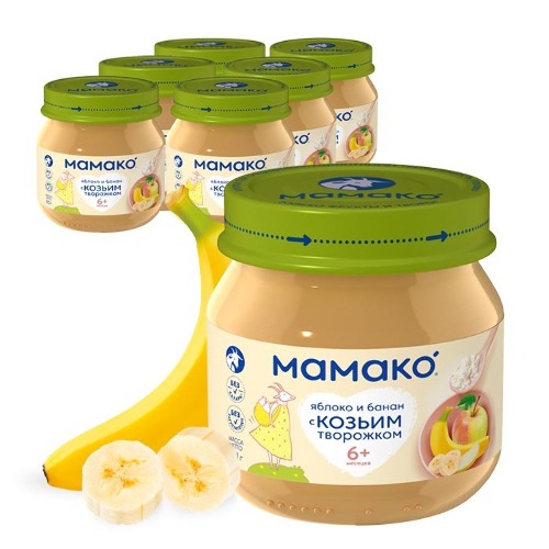 Набор из 6 шт. МАМАКО ПЮРЕ ИЗ ЯБЛОК С БАНАНОМ И КОЗЬИМ ТВОРОГОМ 80,0