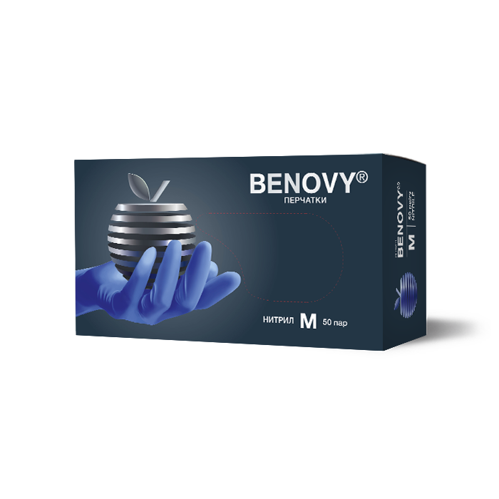 Изображение товара Перчатки смотровые benovy нитриловые нестерильные неопудренные текстурированные на пальцах хлорированные m 50 пар/сиренево-голубой/