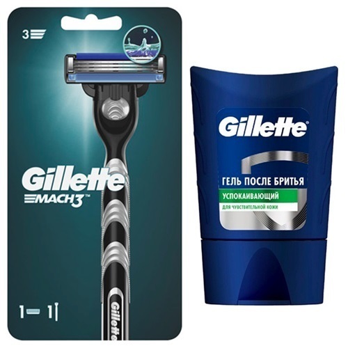 Изображение товара Набор Gillette mach 3 бритва со сменной кассетой + Gillette гель после бритья успокаивающий 75мл
