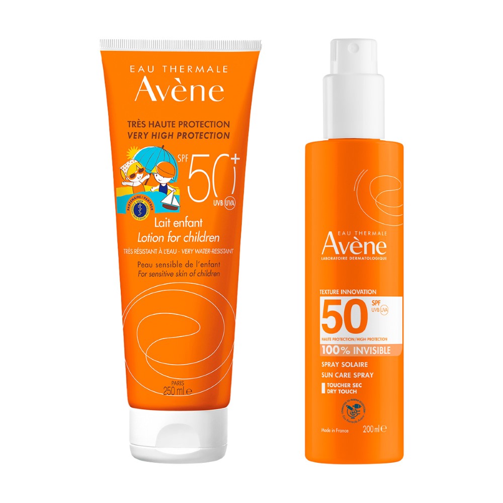 Изображение товара Набор AVENE: СОЛНЦЕЗАЩИТ ДЕТСКОЕ МОЛОЧКО SPF50+ 250МЛ + СПРЕЙ СОЛНЦЕЗАЩИТ НЕВИДИМЫЙ Д/ЧУВСТВИТ КОЖИ SPF50 200МЛ