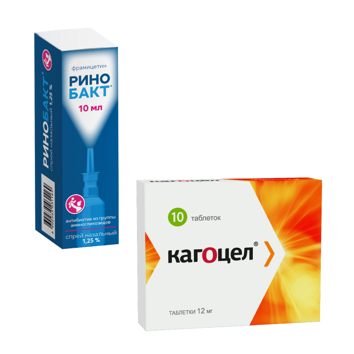 Изображение товара Набор для лечения ОРВИ Кагоцел 12 мг №10 + Ринобакт спрей назальный 1,25% 10мл со скидкой