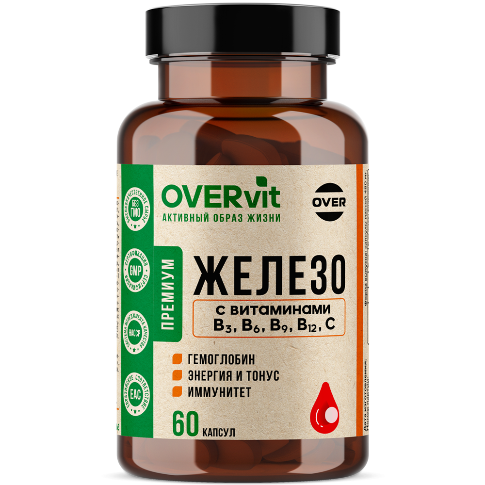 Изображение товара Overvit железо с витаминами В3, В6, В9, В12 в капсулах 60 шт.