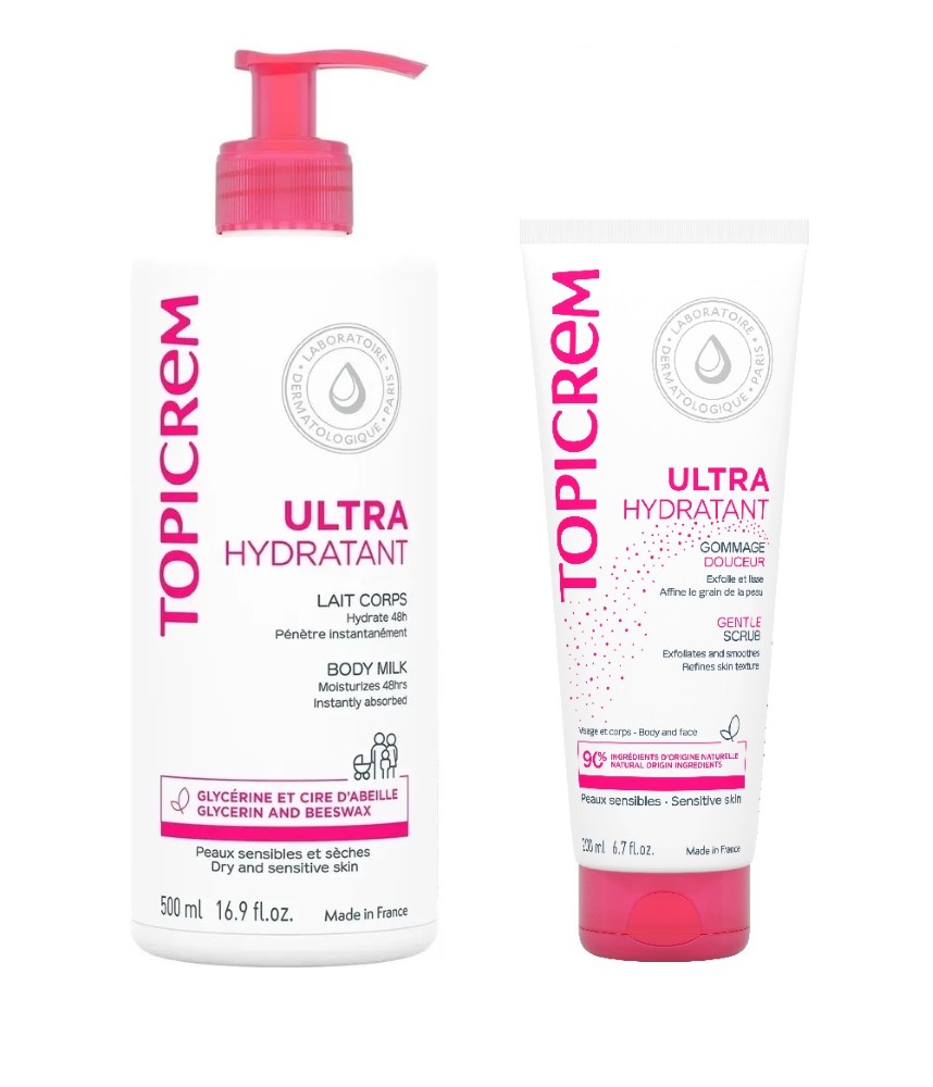 Изображение товара Набор Топикрем молочко для тела ультра-увлажняющее 500мл + скраб ультра-увлажняющий мягкий 200мл со скидкой