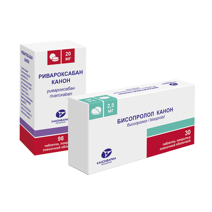Изображение товара Набор из двух упаковок БИСОПРОЛОЛ КАНОН ТАБ. П/П/О 2,5 МГ №30 + Ривароксабан канон 20 мг 98 шт. банка таблетки по спец.цене